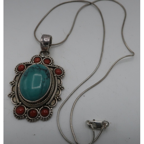 314 - Continental white metal pendant set with cabochon turquoise and red stones, chain stamped 925