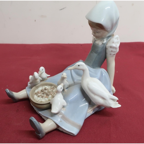 11 - Lladro porcelain figure of a girl seated feeding a duck and ducklings, No 5074, in original box