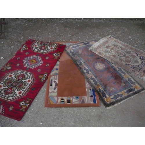 118 - Silk style rug 58cm x 100cm and three other small rugs, (4)