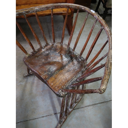 222 - Large country made rustic chair with yolk, stick back and shaped solid seat, on similar support