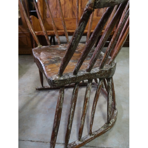 222 - Large country made rustic chair with yolk, stick back and shaped solid seat, on similar support