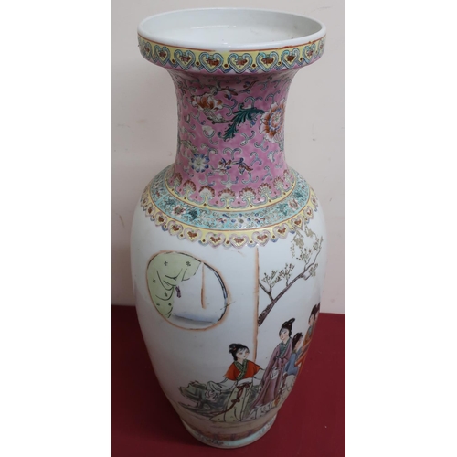 4 - Large Canton vase, polychrome decorated in Famille enamels with female figures on a garden terrace, ... 