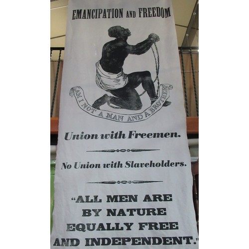 242 - Pair of large fabric anti-slavery 'Emancipation and Freedom' display banners, H287cm W121cm