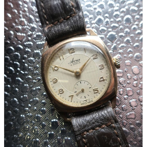 320 - Avia mechanical wristwatch, 9ct gold cushion case with snap on back, stamped B.W.C London Made, hall... 