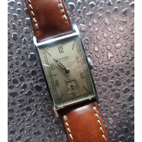 325 - Art Deco period Girard Perregaux mechanical wristwatch. Rectangular chrome plated case on leather st... 