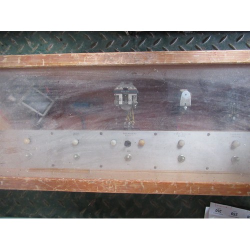 245 - Wooden display case containing quantity of capacitors 32cm 42cm 9cm, another relay box containing st... 