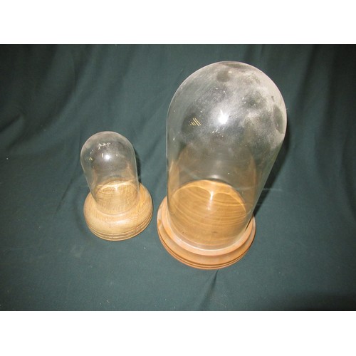 270 - Two glass domes on turned wooden bases, H30cm, H19cm