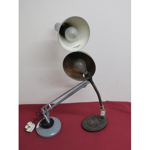 345 - Vintage desk lamp with flexible column on stepped oval cast base, H44cm, and a grey metal angle pois... 