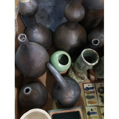 372 - Collection of Jo Maxwell and other Studio pottery including fish bowl, gourd and other vases, small ... 