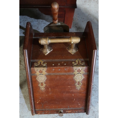 327 - Edwardian walnut slope front coal box, with brass strapwork hinges, handle, and shovel W32cm H32cm D... 