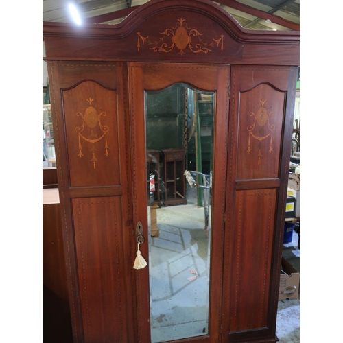 331 - Edwardian inlaid mahogany wardrobe with arched top and mirrored door, W109cm H210cm D41cm, and a mar... 