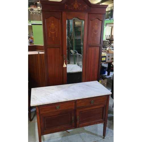 331 - Edwardian inlaid mahogany wardrobe with arched top and mirrored door, W109cm H210cm D41cm, and a mar... 