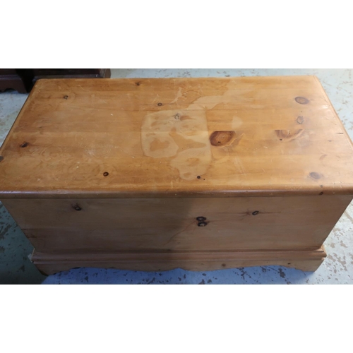 333 - Pine blanket box with hinged top, on shaped apron with  bracket feet, W90cm H43cm D47cm