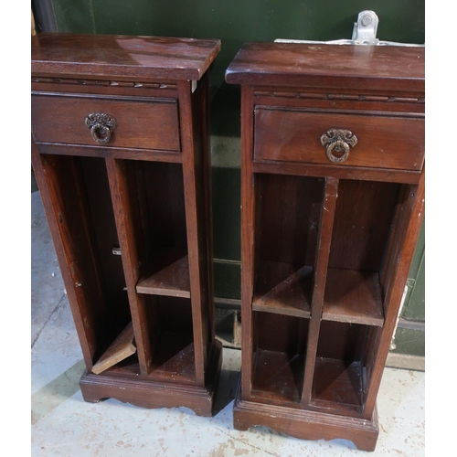 340 - Pair of oak CD cabinets, with single drawer on shaped supports W37cm D21cm H95cm (2)