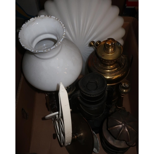 380 - Brass oil lamp converted to electric, a Chalwyn Tropic Tilly type lamp, three oil lamps with glass s... 