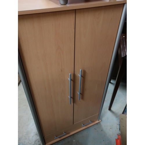 382 - Beech laminate wardrobe with two doors above a drawer W71cm H133cm D45cm, and a similar three drawer... 