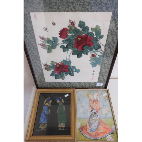 136 - Oriental School: Study of flowers, watercolour on silk, signed with character marks, 40cm x 31cm, an... 