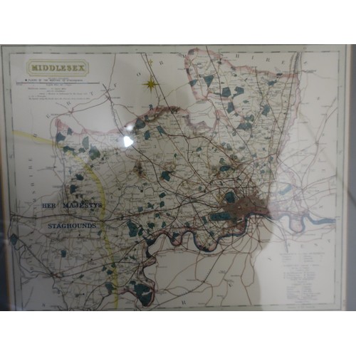 308 - Framed and mounted coloured map by J & C Walker of Middlesex circa 1850 depicting Her Majesty's stag... 