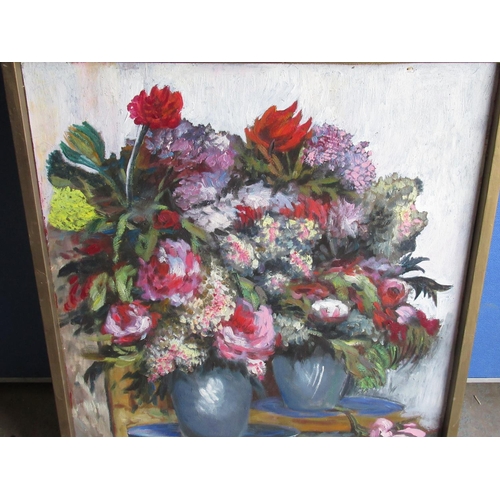 133 - English School (20th Century): Still life study of garden flowers in vases, oil on canvas, 59cm x 49... 