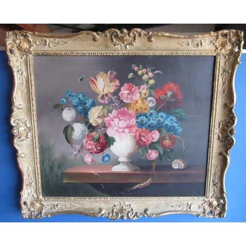 133 - English School (20th Century): Still life study of garden flowers in vases, oil on canvas, 59cm x 49... 