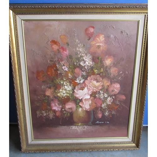 135 - Robert Cox (20th C): Still life study of wild flowers in a vase, oil on canvas, signed, 60cm x 50cm