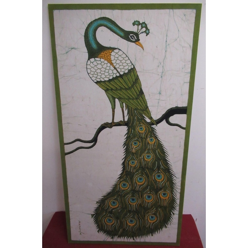 358 - Contemporary School (20th C): Study of a peacock on a branch, colour print on silk, indistinctly sig... 