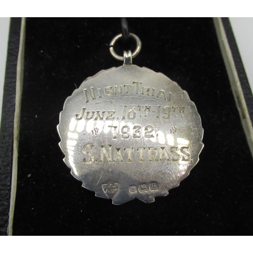95 - Motor Cycling interest - Hallmarked silver circular prize fob, engraved 'Night Trial June 18th-19th ... 