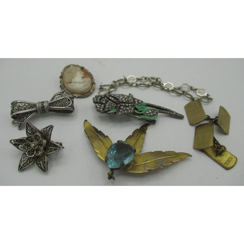 99 - Sterling silver gilt and blue stone leaf spray brooch, a silver bracelet, and a French silver enamel... 