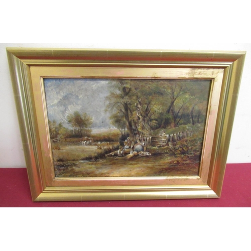 142 - English School (Late 19th C): Family picnicking by a tree, harvesters beyond, oil on canvas, 20cm 30... 