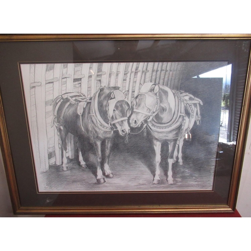 296 - Julia Wager (Contemporary): Pair of Pit Ponies in an interior, pencil, signed, 50cm x 71cm