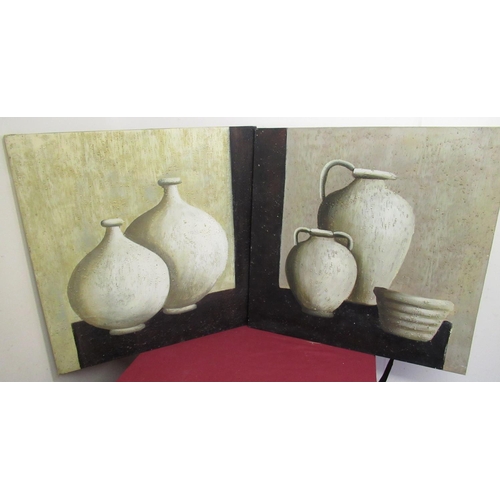 361 - Contemporary School: Pair of still life studies of vases, oils on canvas, unframed, H77cm W77cm