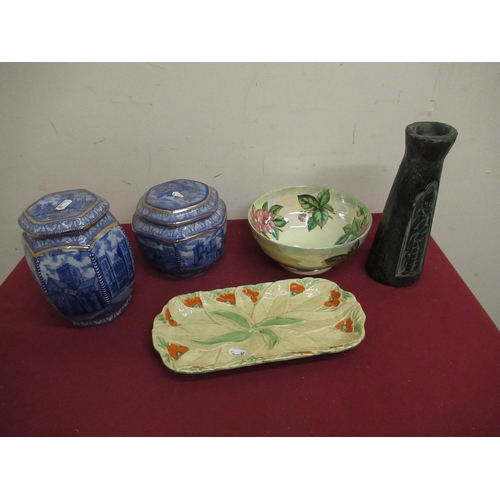 61 - Ringtons hexagonal tea caddies, lustre floral bowl, a rectangular moulded salad plate and a pottery ... 