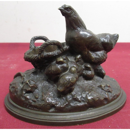 74 - After Emile Frederic Salmon (1840-1913), bronze spill holder modelled as a hen with chicks and a bas... 