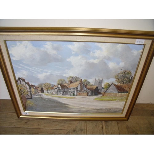 141 - Frank Edwards (20th C): Village street scene, oil on board, signed, 71cm x 56cm including frame