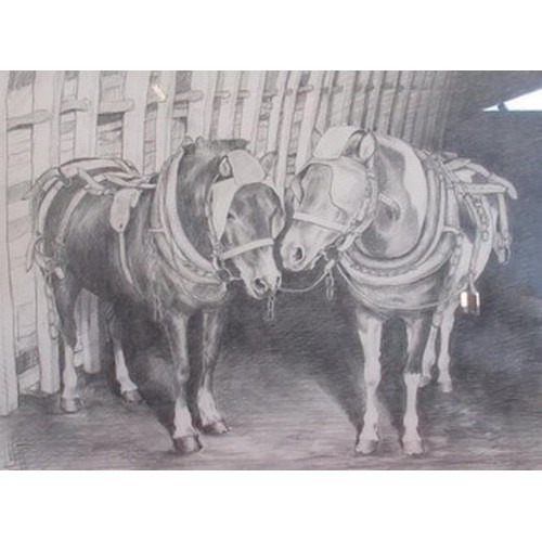 296 - Julia Wager (Contemporary): Pair of Pit Ponies in an interior, pencil, signed, 50cm x 71cm