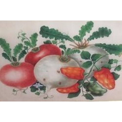 137 - Chinese School (20th C): Still life study of vegetables, watercolour on silk, 18cm x 25cm