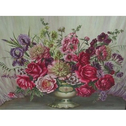 138 - W. Palmer (20th C): Still life study of Roses and other garden flowers in a Staffordshire vase, oil ... 