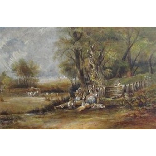 142 - English School (Late 19th C): Family picnicking by a tree, harvesters beyond, oil on canvas, 20cm 30... 
