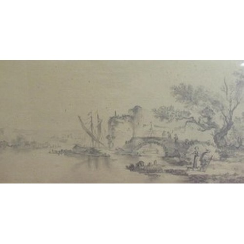 146 - De Sarcus, (French late 18th/early 19th C): Boats by the banks of a river with castle, pencil, signe... 