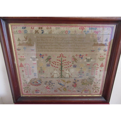 85 - Early Victorian needlework sampler by Isabelle Platt date 1856, in oak frame, W67cm H56.5cm