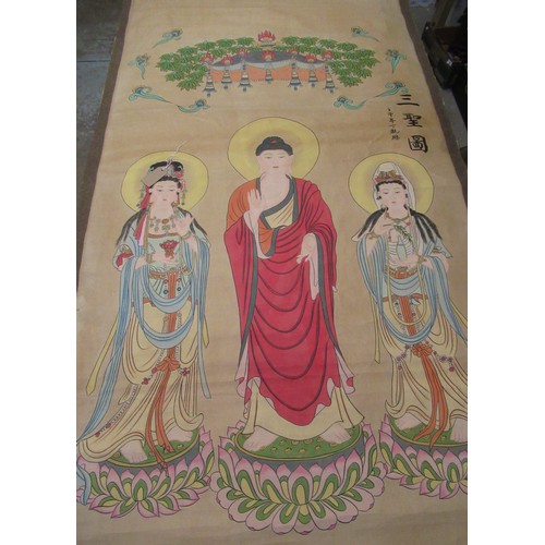 78 - Chinese School (late 19th C/early 20th C) scroll painting: Study of three female deities beneath a l... 