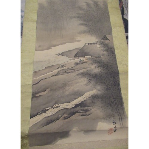 80 - Chinese school (late 19th/early 20th C) scroll painting: Mountainous river landscape with figures, w... 