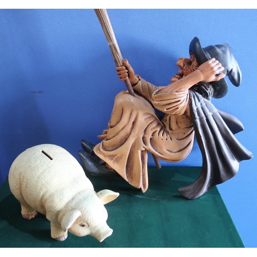 348 - Pair of papier-mâché models of cockerils , a resin model of a Witch with broom, ceramic pig money bo... 