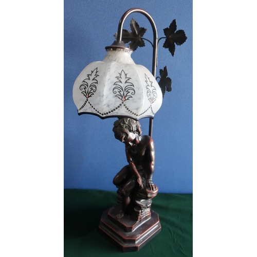 366 - Resin table lamp in the form of a child sitting on a rock,  with 1930's style shade