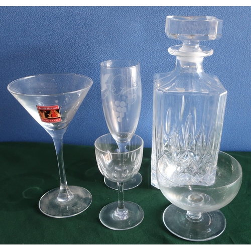 371 - Ships type decanter, crystal whisky decanter, large beer glass, other glasses, and a selection of ba... 