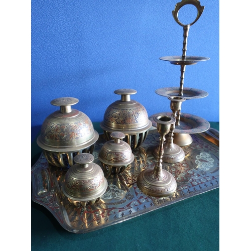 384 - Large collection of early 20th C Indian brassware including Elephant bells (25), vases cigarette box... 