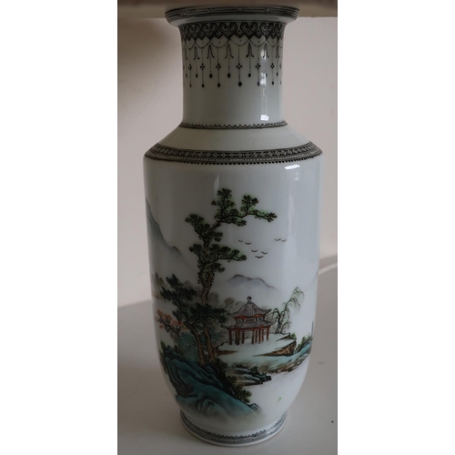 228 - Chinese table lamp, the plain body painted with pagoda on a mountainous landscape, with character ma... 