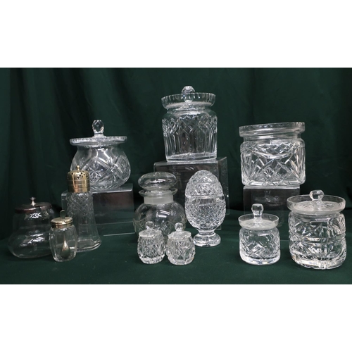 121 - Collection of lead cut glass condiment dishes and storage jars including Waterford and Royal Doulton... 