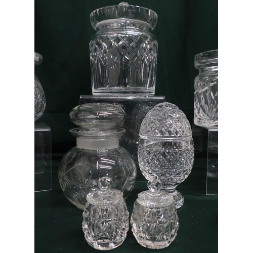 121 - Collection of lead cut glass condiment dishes and storage jars including Waterford and Royal Doulton... 