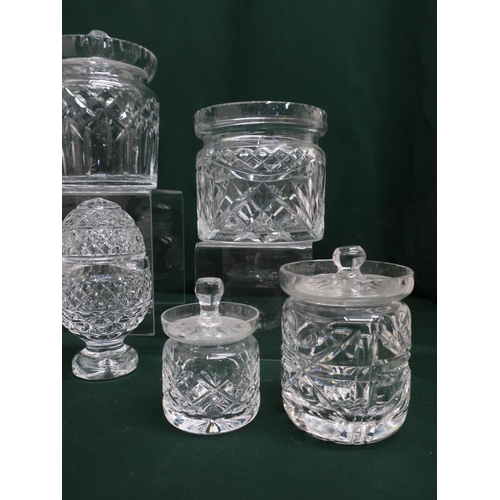 121 - Collection of lead cut glass condiment dishes and storage jars including Waterford and Royal Doulton... 